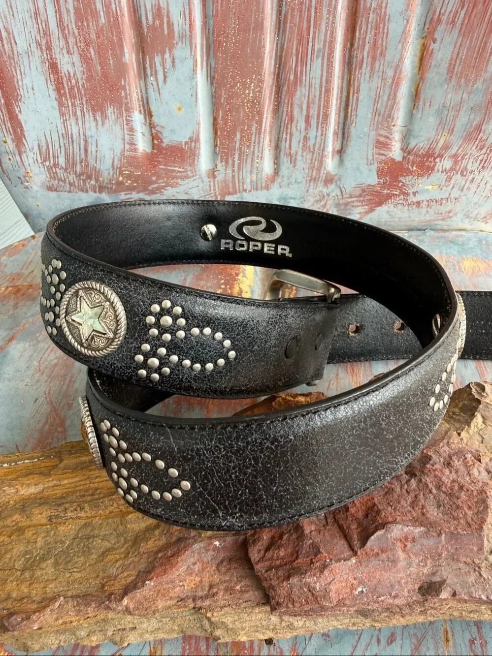 Vintage Roper Black Leather Western Belt Studded Gold Star Concho Size 30/32